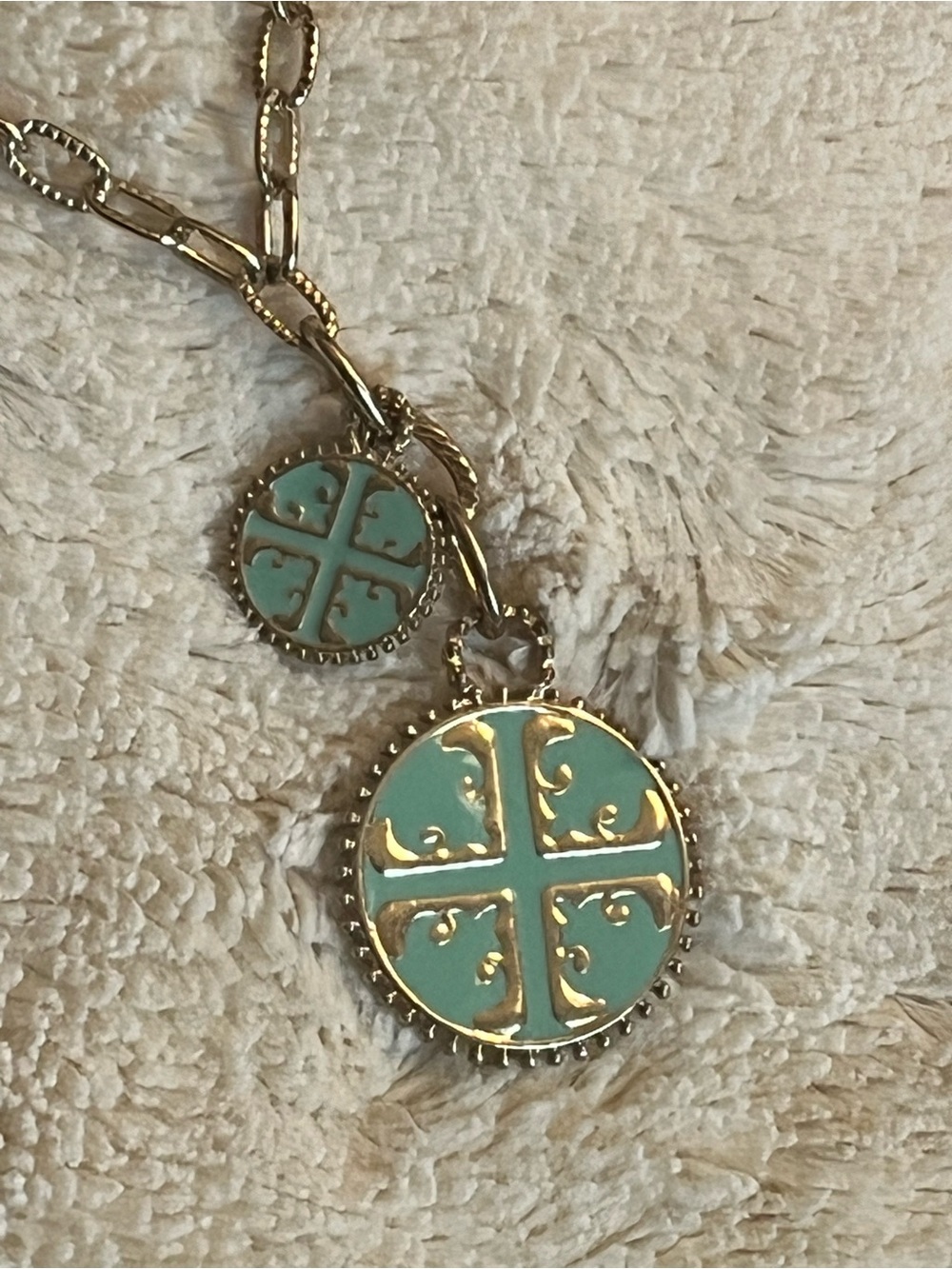 Gold-Tone Turquoise Color Faux Tori Burch  Medallion Pendant Long Necklace
